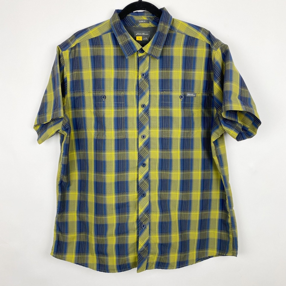Eddie Bauer Travex Mens XL Classic Fit Plaid Short Sleeve Button Up Shirt Hiking